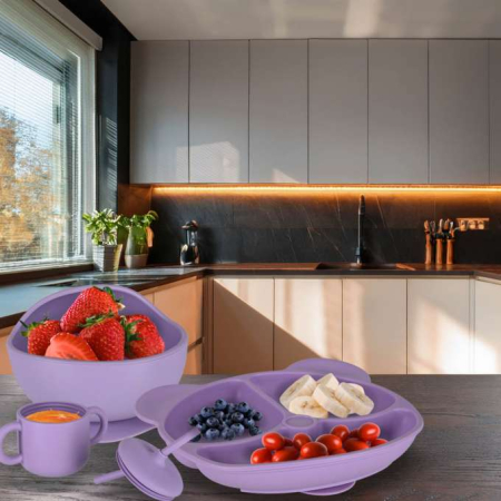 Set hranire din silicon pentru copii ,ursulet , 8 elemente, violet [9]