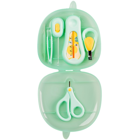 Accesorii îngrijire - Set ingrijire bebe, kit 6 in 1 Babysnugg, Turcoaz - contine foarfeca, unghiera, pila, penseta, termometru apa si betisor ureche cu luminita
