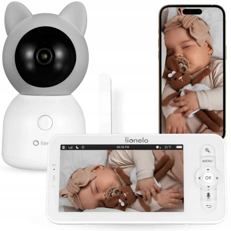 Interfon/Videofon Bebe - Video monitor, Lionelo, Babyline 5,1, Wireless, Cu 8 cantece de leagan, Cu doua camere independente, Mod nocturn, Utilizare 24 h fara incarcare, Alb