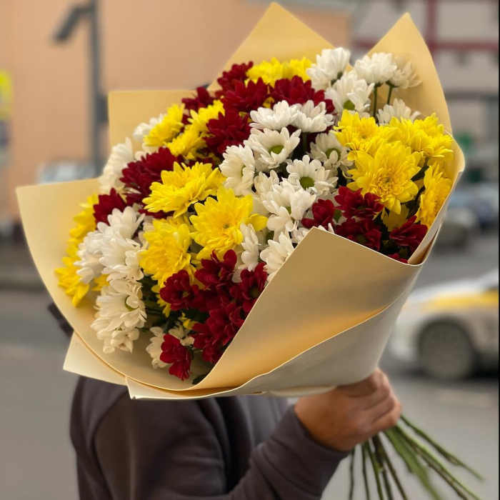 Buchet din 15 Crizanteme Albe, Roșii și Galbene [3]