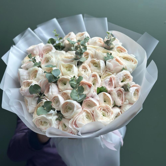 Buchet din 51 Ranunculus Alb și Eucalipt [3]