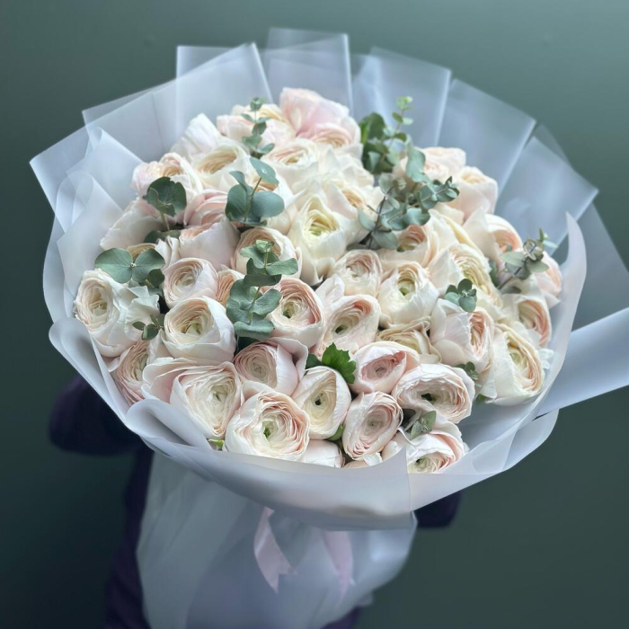 Buchet din 51 Ranunculus Alb și Eucalipt [2]