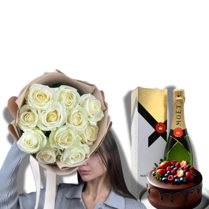 Surpriză la Domiciliu cu Trandafiri Albi, Moet și Tort [1]