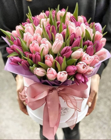 Cadouri de Paște - 101 lalele roz-mov in Cutie