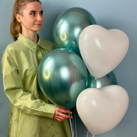 Baloane - Baloane Verzi Chrome și Inimi Albe cu Heliu
