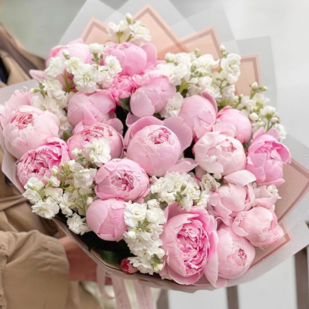 Buchete - Buchet din 21 Bujori Roz și Matthiola Albă