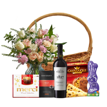 Cadouri de Paște - Coș de Paște cu Flori Pastelate, Vin Purcari și Cafea Davidoff