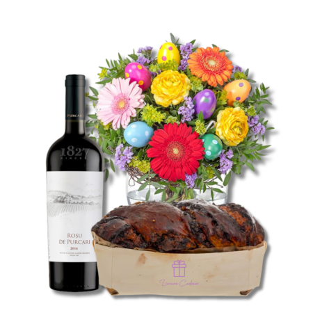 Cadouri de Paște - Flori de Paște cu Cozonac și Vin Roșu