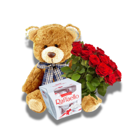 Surprize la Domiciliu - Surpriză Dulce pentru Copil cu Ursuleț de Pluș, Trandafiri și Bomboane Raffaello