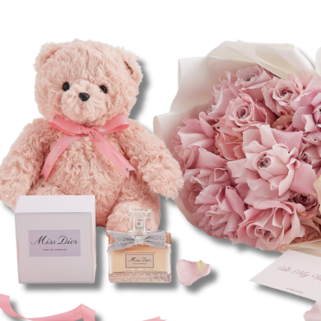 Surprize la Domiciliu - Surpriză la Domiciliu cu Buchet de Flori, Urs de Pluș și Parfum Miss Dior