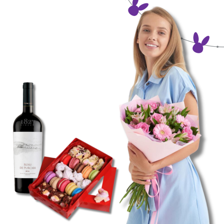 Cadouri de Paște - Surpriză la domiciliu de Paște cu Flori, Prăjituri și Vin Roșu