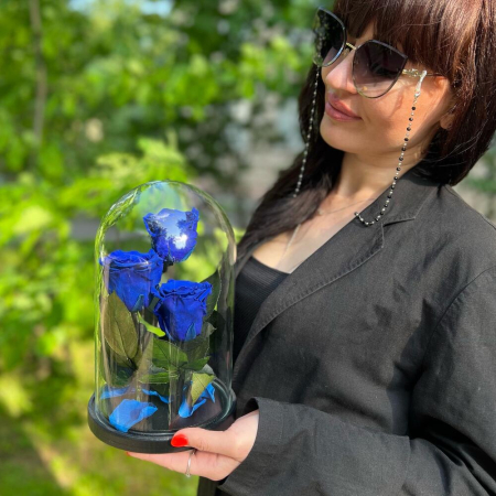 Buchete - Trandafiri Criogenați Albaștri în Cupolă de Sticlă (3 tije)