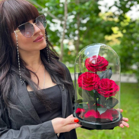 Criogenați - Trandafiri Criogenați Roșii în Cupolă de Sticlă (3 tije)