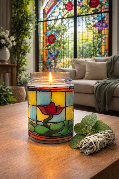 Lumânare din ceară de soia Patchouli – Borcan Vitraliu cu efect de lampă decorativă [4]