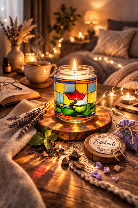 Lumânare din ceară de soia Patchouli – Borcan Vitraliu cu efect de lampă decorativă [2]