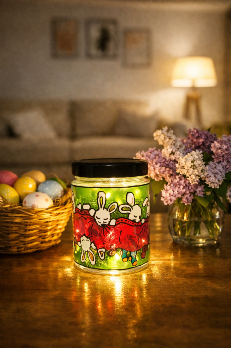 Lumânare parfumată cu liliac din ceară de soia – borcan vitraliu pictat manual, lampă de veghe decorativă 2-în-1 [2]