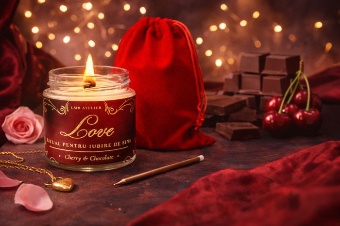 Lumânare parfumată cu cireșe și ciocolată din ceară de soia – Fitil din lemn | Ritual pentru iubire de sine [2]