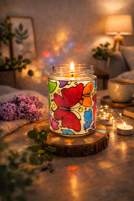 Lumânare parfumată cu liliac 2-în-1 – borcan vitraliu, ceară de soia, lampă decorativă [2]