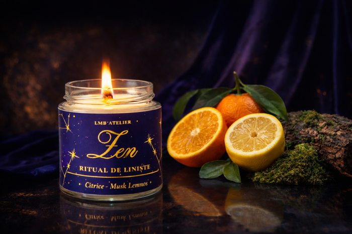 Lumânare parfumată din ceară de soia Zen – Ritual de Liniște | Citrice & Musk Lemnos | Fitil din lemn [2]