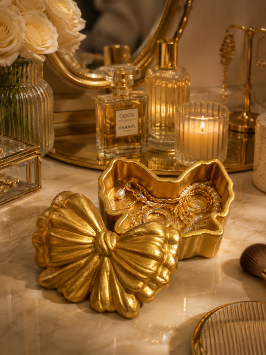 Set Decorativ Golden Bow Auriu – Cutie pentru Bijuterii și Suport Lumânare Handmade din Praf Ceramic [3]