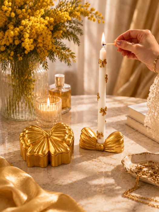 Set Decorativ Golden Bow Auriu – Cutie pentru Bijuterii și Suport Lumânare Handmade din Praf Ceramic [2]