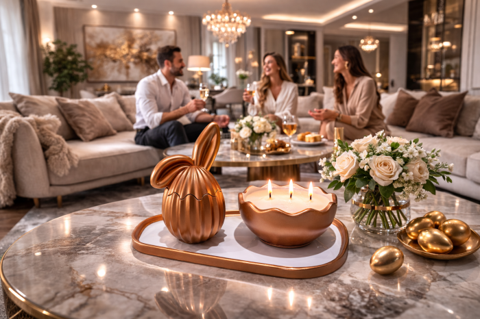 Set Decorativ Ou Iepuraș cu Tavă și Suport Lumânare din Nisip de Ceară [3]