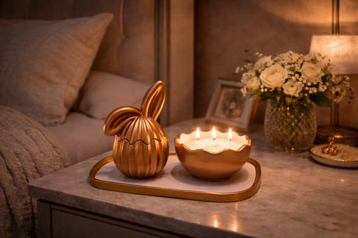 Set Decorativ Ou Iepuraș cu Tavă și Suport Lumânare din Nisip de Ceară [2]