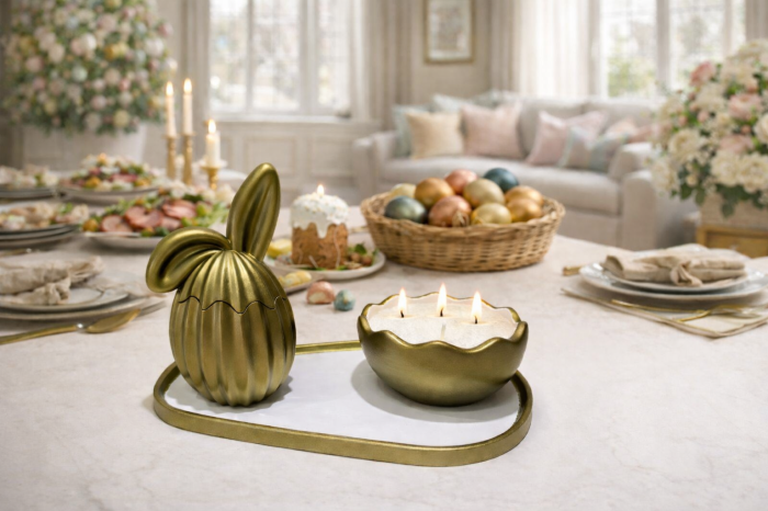 Set Decorativ Ou Iepuraș cu Tavă și Suport Lumânare din Nisip de Ceară [3]