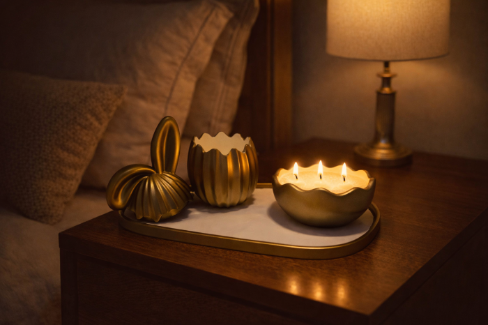 Set Decorativ Ou Iepuraș cu Tavă și Suport Lumânare din Nisip de Ceară [2]