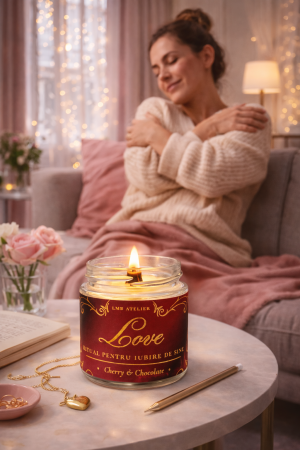 Lumanari - Lumânare parfumată cu cireșe și ciocolată din ceară de soia – Fitil din lemn | Ritual pentru iubire de sine