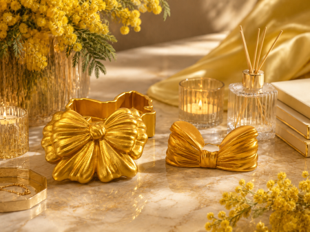 Decoratii Ceramica - Set Decorativ Golden Bow Auriu – Cutie pentru Bijuterii și Suport Lumânare Handmade din Praf Ceramic