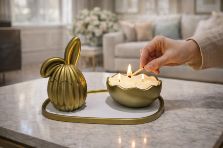 Seturi ceramica cu ceara nisip - Set Decorativ Ou Iepuraș cu Tavă și Suport Lumânare din Nisip de Ceară