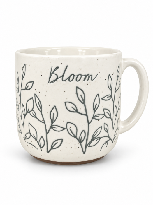 Cană ceramică albă cu decor botanic, modele Frunze, Bloom și Choose Joy [2]