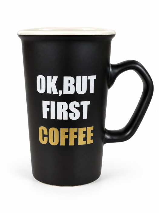 Cană ceramică înaltă pentru cafea, modele alb și negru cu mesaje [2]