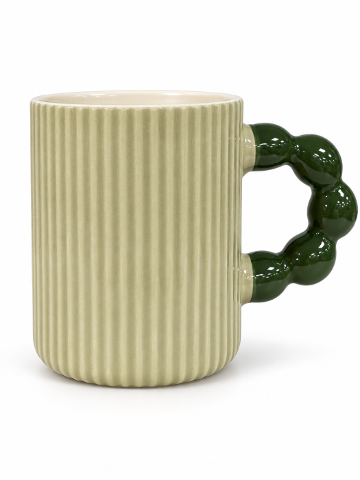 Cană ceramică striată cu toartă reliefată, roz, albă și verde [3]