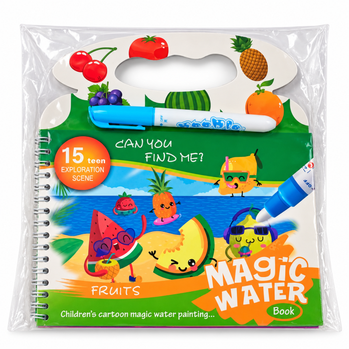 Carte Magică de Colorat cu Apă – Dinozauri/Fructe, 15 Pagini + Marker Reutilizabil [2]
