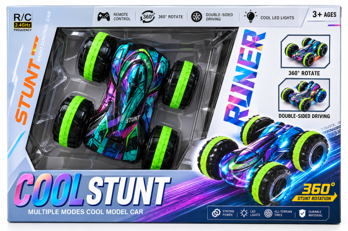 Mașinuță cu telecomandă RC Cool Stunt, rotire 360°, deplasare pe ambele părți, multicolor [1]