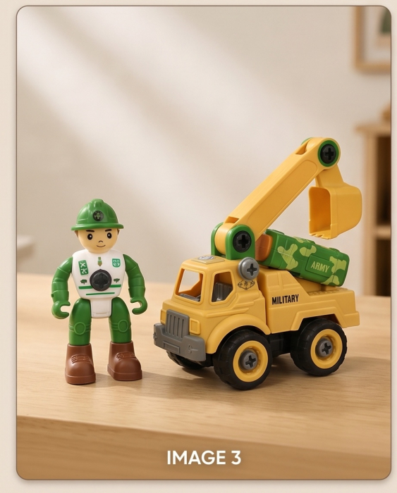 Set de construcție DIY Camion Militar cu Macara și Figurină, 3+ ani [3]