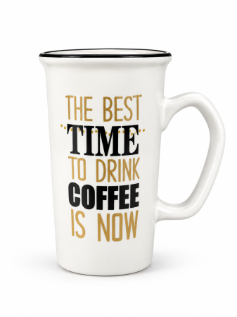 Bucătărie și servire - Cană ceramică înaltă pentru cafea, modele alb și negru cu mesaje