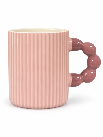 Bucătărie și servire - Cană ceramică striată cu toartă reliefată, roz, albă și verde
