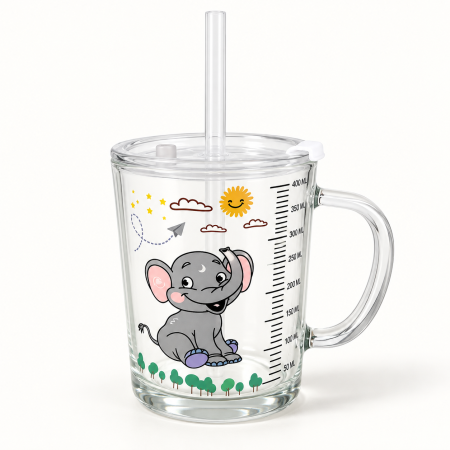 Bucătărie și servire - Cană gradată din sticlă cu elefant, capac și pai, 400 ml