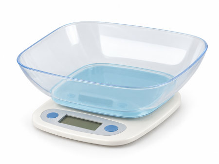 Preparare alimente - Cântar electronic de bucătărie 5 kg cu bol transparent și bază alb-albastră