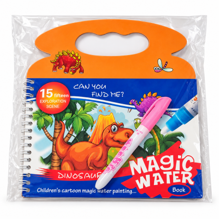 Carte Magică de Colorat cu Apă – Dinozauri/Fructe, 15 Pagini + Marker Reutilizabil