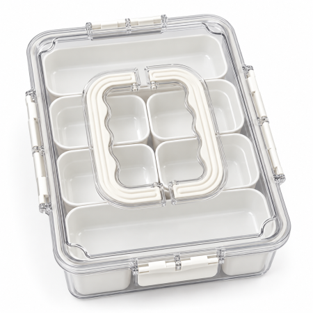 Bucătărie și servire - Cutie transparentă cu șase recipiente albe dispuse 1-2-2-1