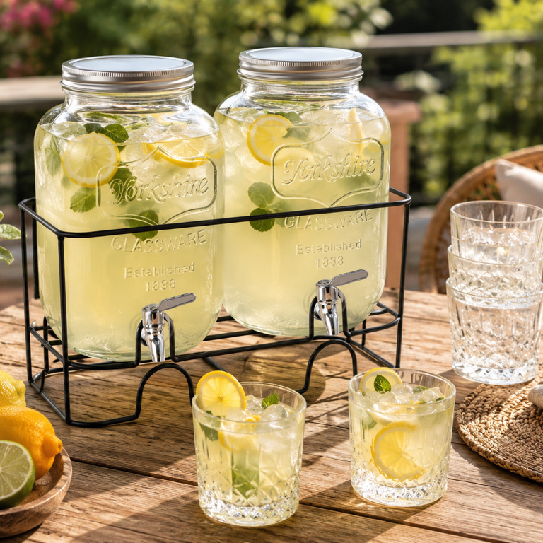 Casă, grădină si exterior - Dispenser Dublu pentru Băuturi cu Suport, 2 x 4L, Recipiente din Sticlă cu Robinet pentru Limonadă și Sucuri