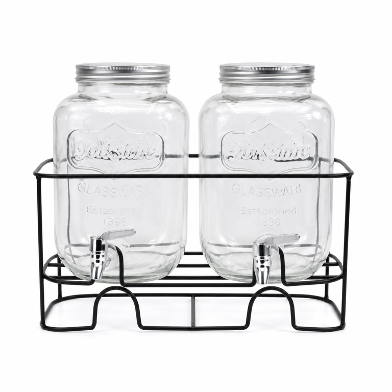 Dispenser Dublu pentru Băuturi cu Suport, 2 x 4L, Recipiente din Sticlă cu Robinet pentru Limonadă și Sucuri [2]