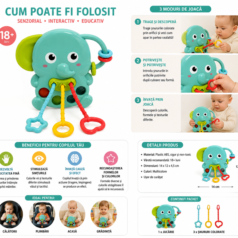 Jucărie senzorială elefant pentru bebeluși Huanger Sensory Pull String [1]