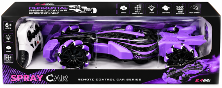 Toate produsele - Mașină cu telecomandă Spray Car 2.4 GHz, roți omnidirecționale, efect fum, lumini, drift 360° – Mov