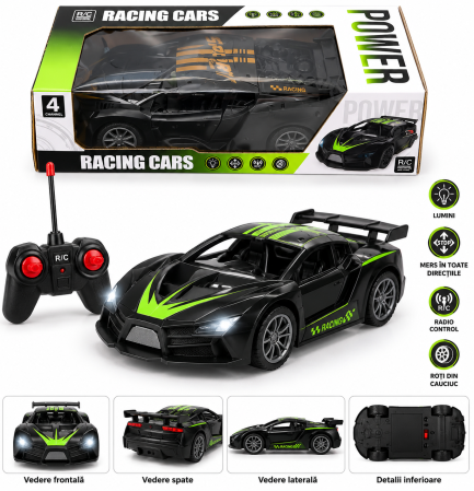 Toate produsele - Mașină de curse cu telecomandă R/C, 4 canale, lumini, negru-verde
