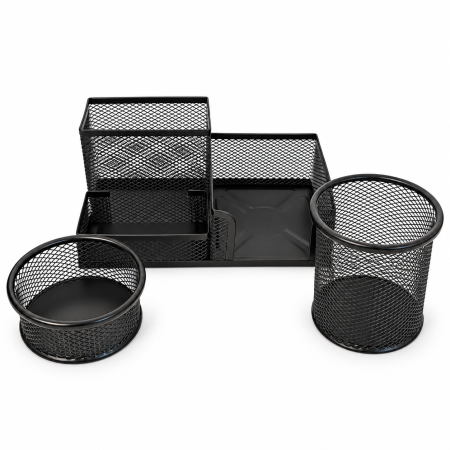 Accesorii de birou - Organizator Birou Metalic din Plasă – 5 Compartimente, Suport Pixuri și Accesorii